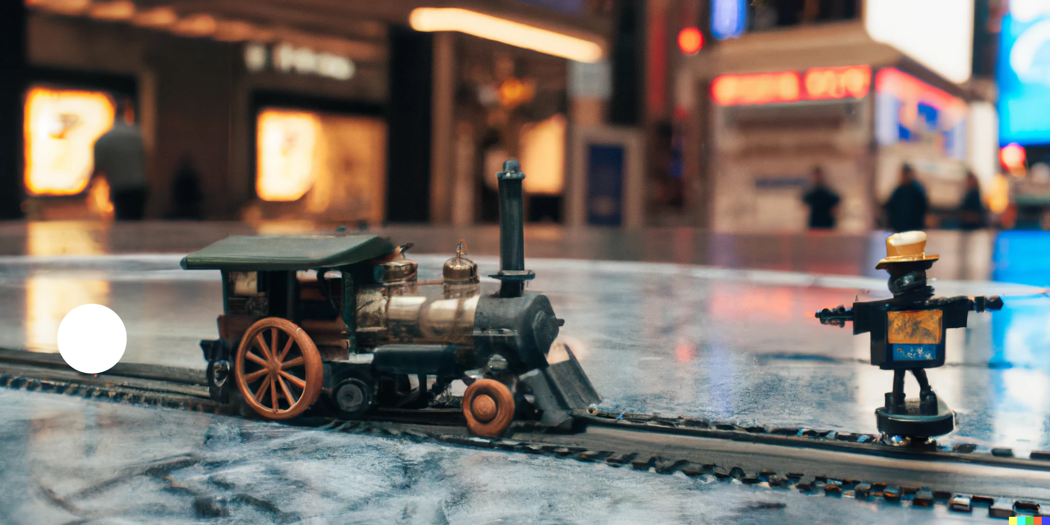 DALL·E 2022 09 09 21.51.20 a macro 35mm photograph of a tiny steam train on on the floor of time square