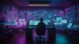 Hacker in der Mitte des Raums, Schreibtisch in der Mitte, Poster im Vaporwave-Stil an der Wand, viele Monitore