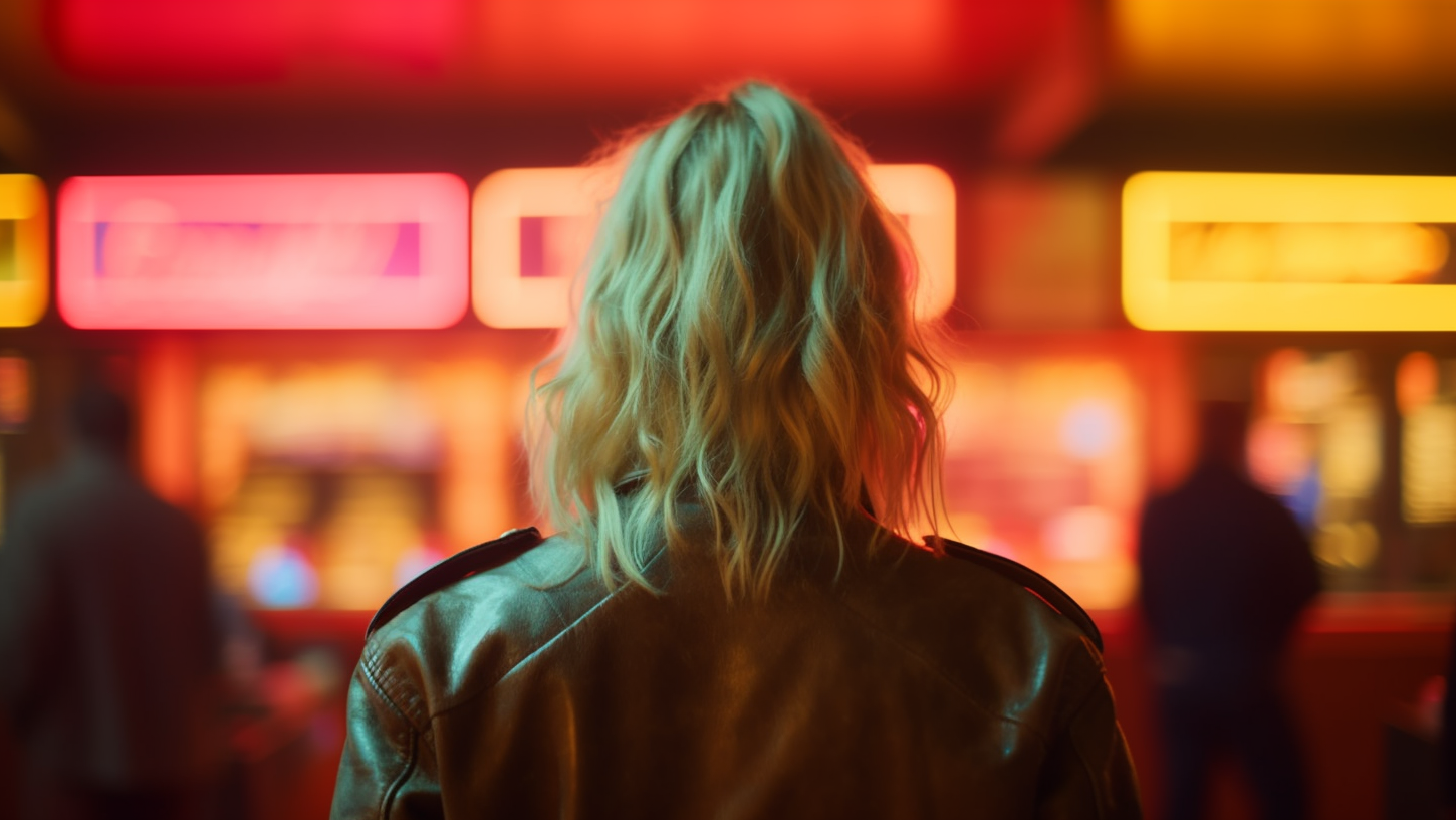 Blonde Frau blickt auf Geschäfte mit Neon-Reklame