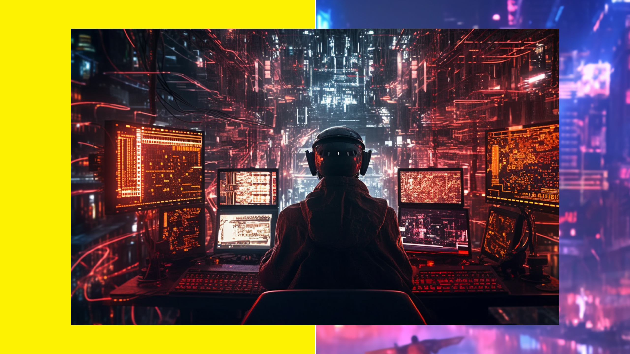 Beitragstitelbild zeigt eine Person von seinem futuristischen, voll vernetztem Computer